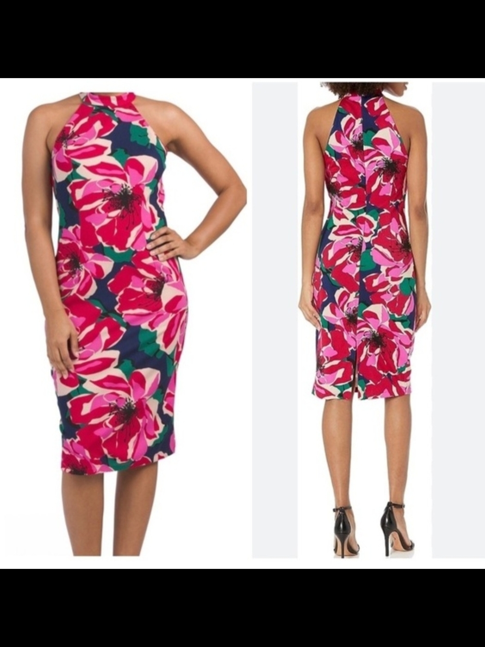 Floral Halter Sheath Dress in Pink & Green